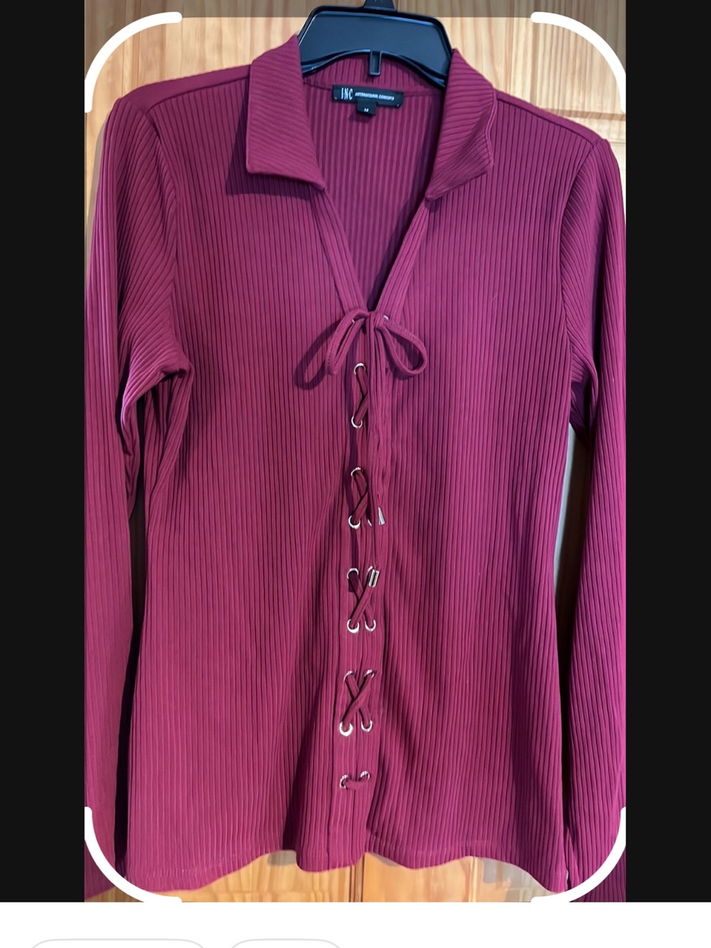 INC International Concepts Burgundy Ribbed Lace-Up Long Sleeve Top size M